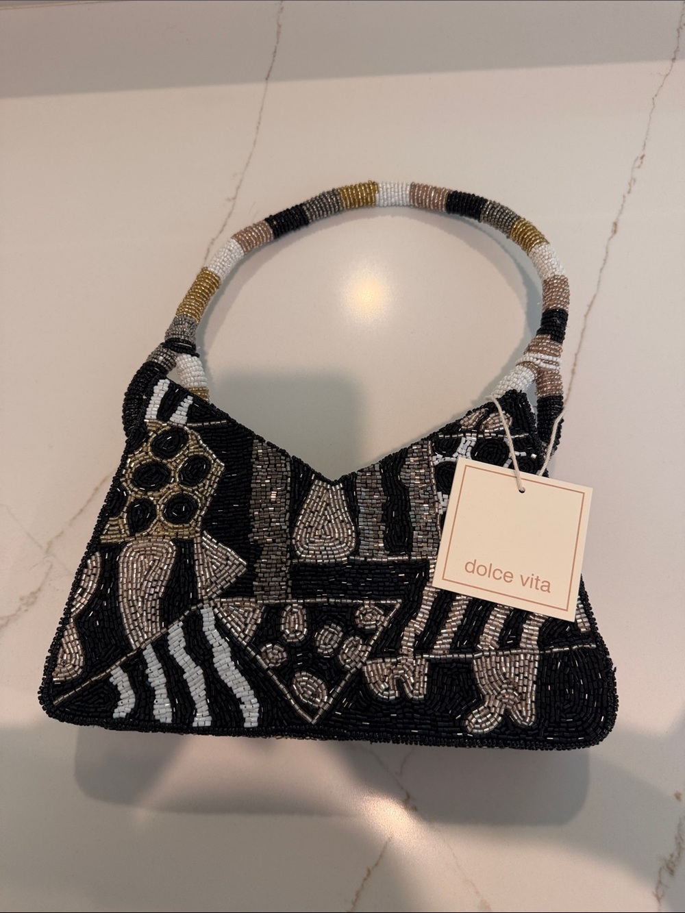Dolce vita Beaded Black, White & Gold Patterned Shoulder Bag
